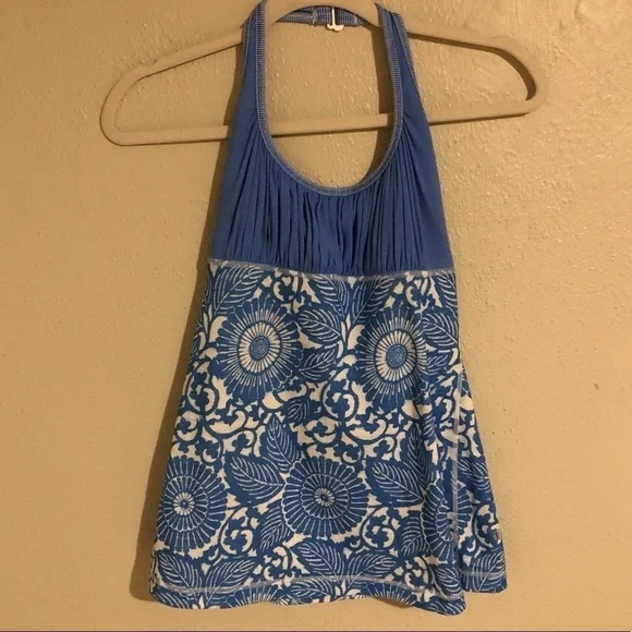 Lululemon Namaste Blue Geo Floral Ruched Halter Tank - Picture 2 of 7
